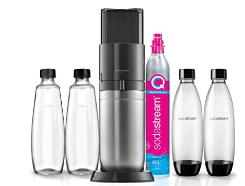 SodaStreamDuoPackMquinaGasificadoradeAguaColorNegrocon2BotellasFusede1L2BotellasFuseGlassdeCristalde1Ly1CilindrodeGasColorRosaParaPrepararHasta60LdeAguaconGas