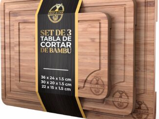 Deer & Oak Set de 3 tabla cortar cocina bambú con asas y ranuras, tabla de cortar madera