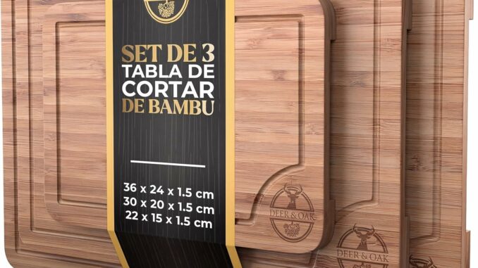 Deer & Oak Set de 3 tabla cortar cocina bambú con asas y ranuras, tabla de cortar madera