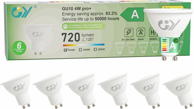 GY Bombilla Led GU10 4W(Equivalente a 60W), Luz Blanca Cálida 3000K, 720 Lúmenes, Ángulo de haz de