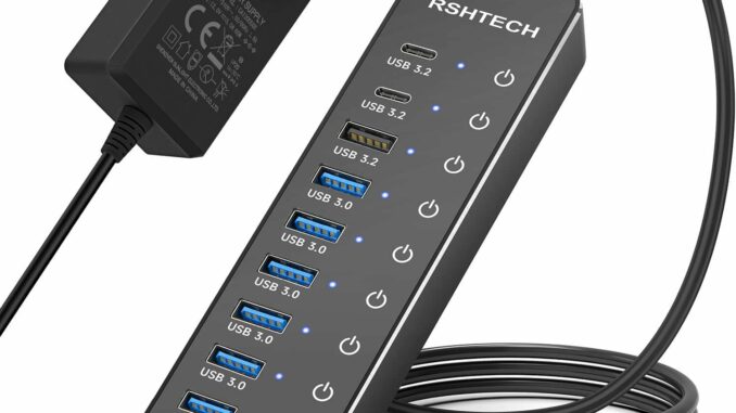 Hub USB Alimentación, RSHTECH Hub USB 3.2/USB C 10 Puertos con Puertos Datos USB-A 3.2 y 2X USB-C