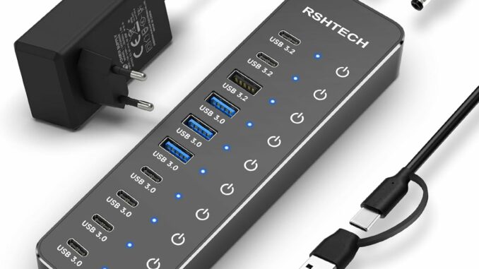 Hub USB Alimentado, RSHTECH 10 Puertos Hub USB 3.2/USB C con 3X 10Gbps Data Port (2C+1A), 7X 5Gbps