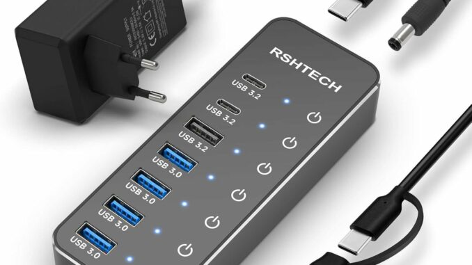Hub USB Alimentado, RSHTECH Hub USB 3.2/USB C de 7 Puertos con 3 * 10Gbps Puertos Datos (USB-A,